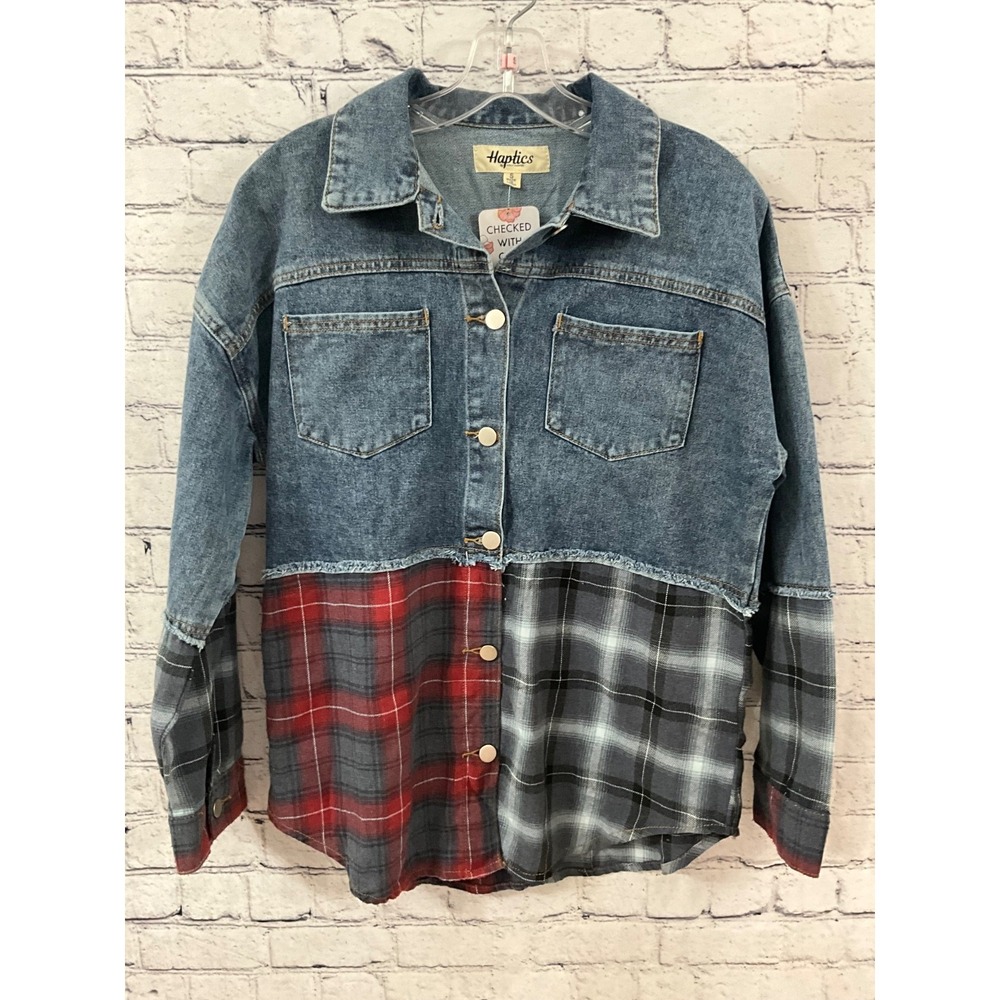 HAPTICS DENIM AND PLAID WOMENS BUTTON DOWN TOP SIZE SMALL NWT